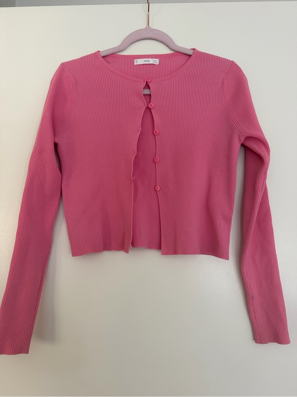 Mango Hot Pink Ribbed Button-Up Cropped Cardigan